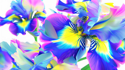 a close up of a bunch of flowers on a white background with a blue and yellow flower in the center.