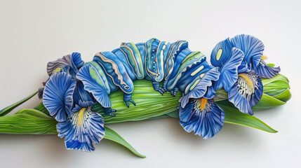 a group of blue flowers sitting on top of a green piece of art that looks like a caterpillar.