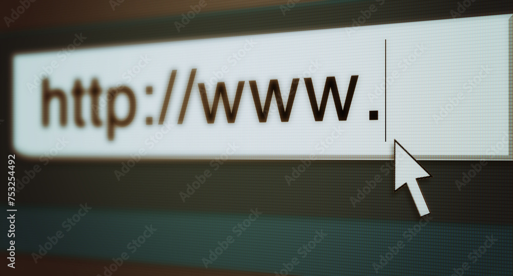 Poster web, cursor and url of search bar on computer screen for information, worldwide surfing and server. 