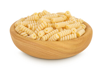 Italian spiral shaped pasta, Fusilli bucati macaroni in wooden bowl, isolated on white background