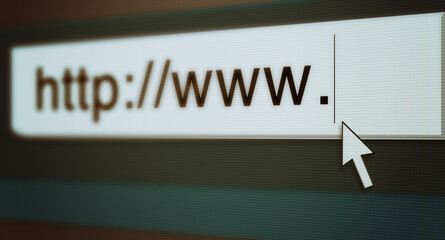Web, cursor and url of search bar on computer screen for information, worldwide surfing and server....