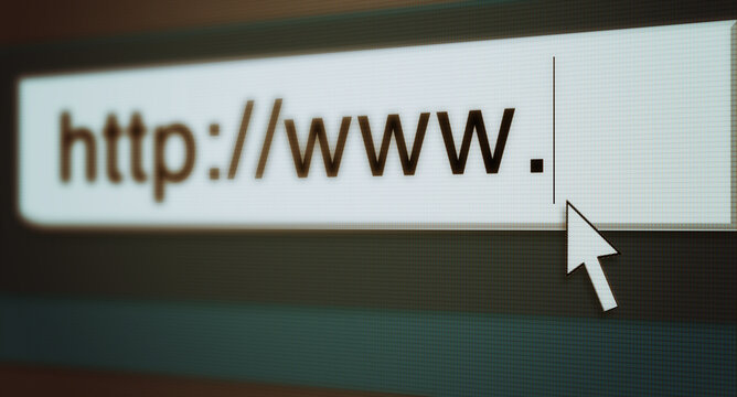 Web, cursor and url of search bar on computer screen for information, worldwide surfing and server. Homepage, html or webpage address for browsing, research download and online portal with closeup