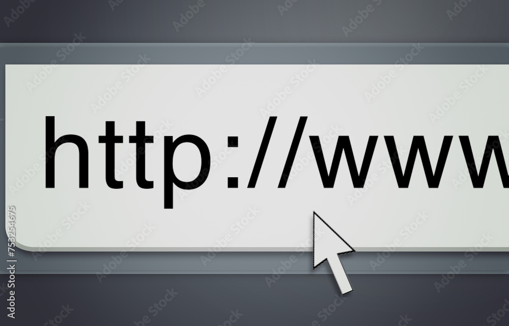 Poster website, cursor and url of search bar on computer screen for information, worldwide surfing and serv