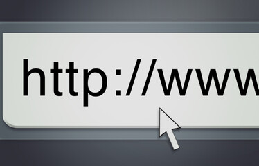Website, cursor and url of search bar on computer screen for information, worldwide surfing and server. Homepage, html or webpage address for browsing, research download and online portal on internet