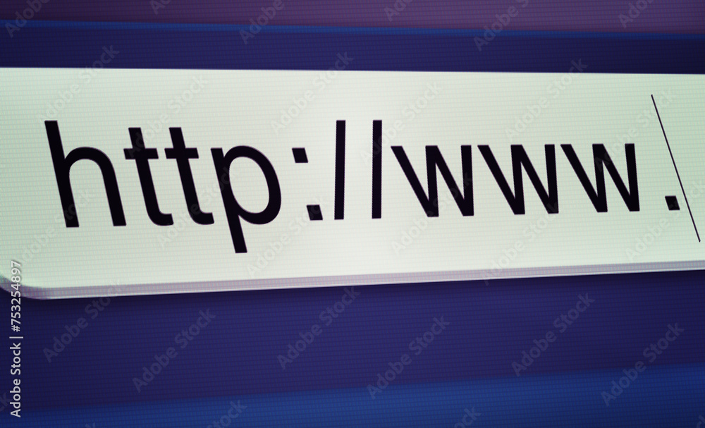 Poster browser, website and url of search bar on computer screen for information, worldwide surfing or serv