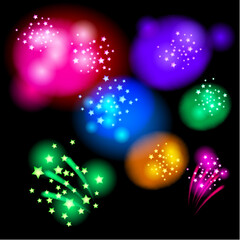 Set of colorful fireworks with stars on the black background. Vector illustration