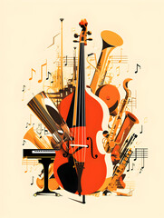 Fototapeta premium Illustration background of different jazz instruments