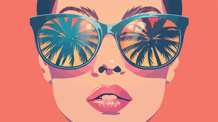 palms and girl are reflected in glasses women