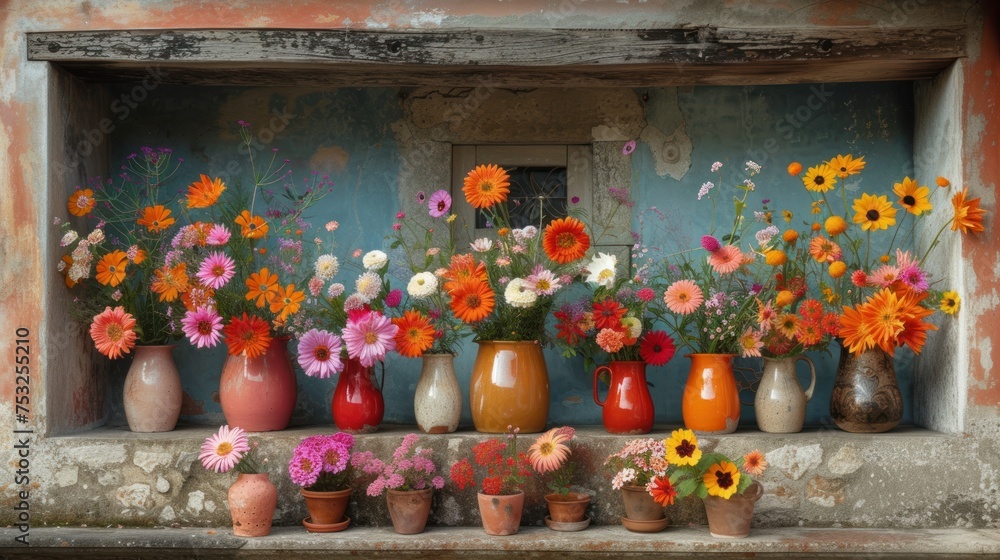 Poster a number of vases with flowers in them on a ledge of a building with a window in the background.