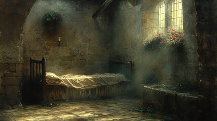 a painting of a bedroom with a bed in the middle of the room and a window on the side of the room.