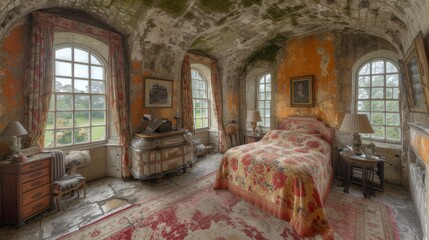 a bedroom with a bed, a dresser, a chair, and two windows that look out onto a field.