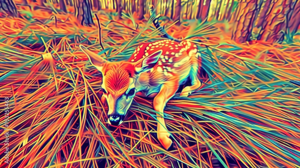 Poster a digital painting of a deer in a forest with pine needles in the foreground and trees in the backgr