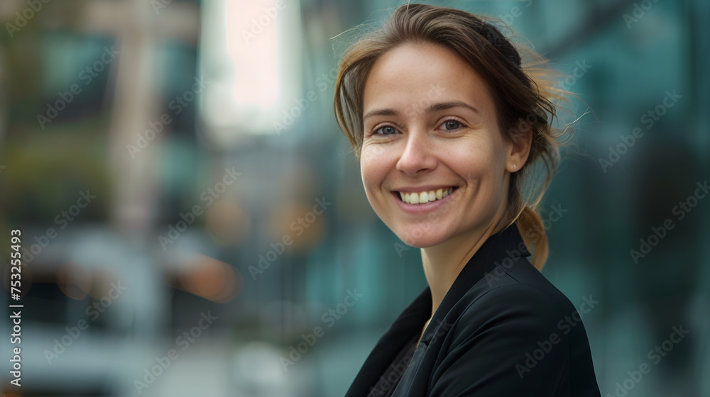 Sticker Confident young woman smiling in urban setting