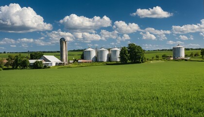 Farm scene with blue sky, lush green meadows, a farmhouse, and a silo, depicting rural agriculture - obrazy, fototapety, plakaty