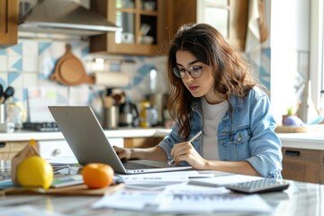A woman is sitting at a table with a laptop and a pen. She is working on a project or writing something.