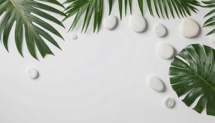 Top view of white stones and palm leaves on a white backdrop, creating a luxurious spa and tropical...
