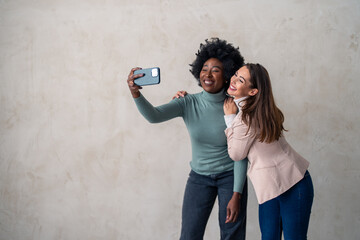 Charming young women smiling while having video call on smart phone while standing together in a...