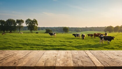 Naklejka premium Summer morning light over a grassy field with cows and farm, viewed from an empty wooden table top, perfect for showcasing products