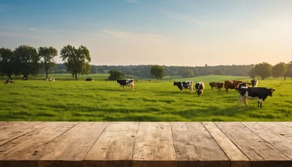 Fotobehang Summer morning light over a grassy field with cows and farm, viewed from an empty wooden table top, perfect for showcasing products © ibreakstock