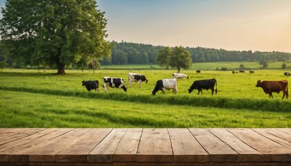 Wooden table top with a serene summer farm and cow-filled meadow background, bathed in morning light, suitable for product display or montage - obrazy, fototapety, plakaty