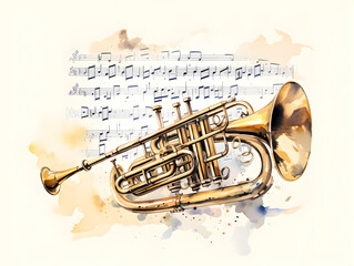 Watercolor illustration of a trombone music instrument with notes background