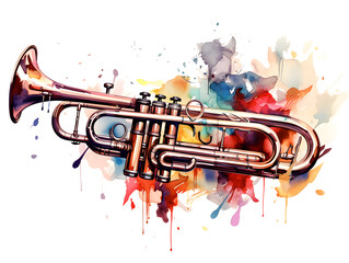 Watercolor illustration of a trombone music instrument on colorful background 
