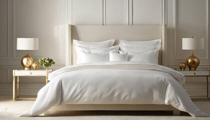 Sunlight filtering through serene bedroom, creating shadows on white bedding and vase display