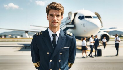 Confident commercial airplane pilot posing on the runway, in front of a passenger jet