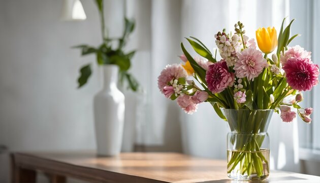 Morning sun lighting up spring flower bouquet in living room, chic apartment decor