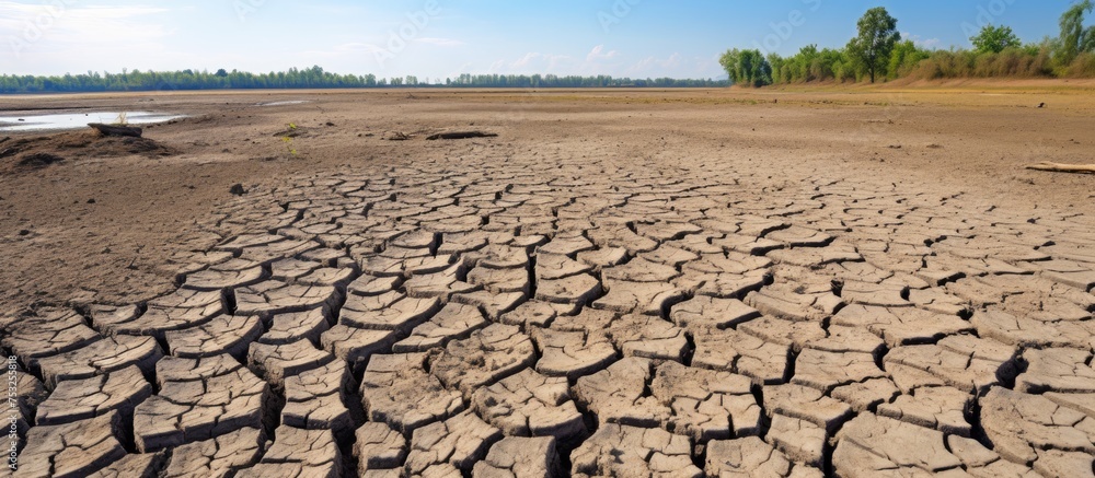 Poster cracked dry ground pattern with sparse grass and rocks in arid desert landscape