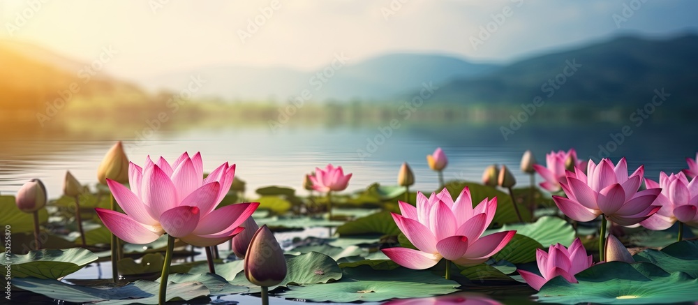 Poster Tranquil Lotus Flowers Floating in Calm Water with Majestic Mountains in the Background