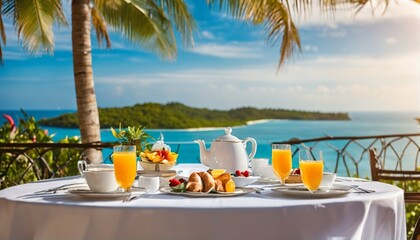 Romantic breakfast by the sea: Luxury table setting against an idyllic tropical background - 753255805