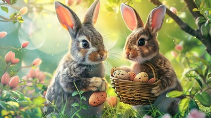 Fototapeta na wymiar a couple of cute bunnies, an holding an egg