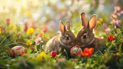 Fototapeta na wymiar a couple of cute bunnies, an holding an egg
