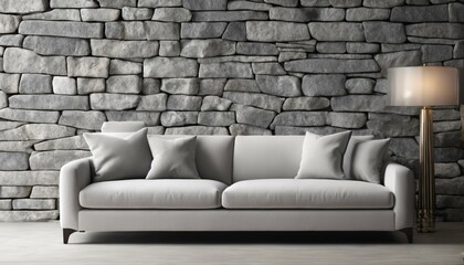Sofa in a stylish living room: Light grey with pillows and a backdrop of natural stone wall