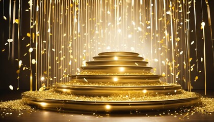 Festive stage mockup with golden confetti falling under a central light, ideal for award ceremonies, jubilees, and product presentations - obrazy, fototapety, plakaty