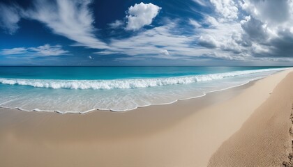 Wide horizon at a tropical beach, capturing the serene meeting of sky and sea in a panoramic seascape
