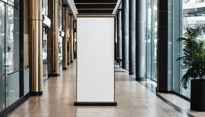 Contemporary digital signboard mockup in a shopping gallery, featuring a blank black and white...