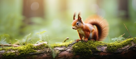 Curious Squirrel Explores Lush Woodland Habitat Standing on a Log