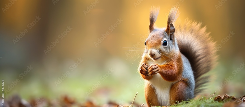 Poster curious squirrel enjoying a nut in the lush forest setting