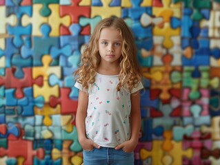 Infant little girl looking at the camera with a wall made of autism awareness puzzle multi colored pieces jigsaw behind him. A young autistic girl