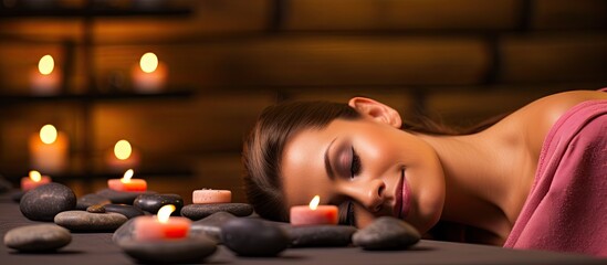 Serene Woman Relaxing on Table Surrounded by Calming Candles for Meditation