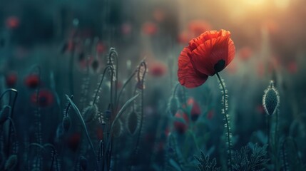 a red poppy in the middle of a field of tall grass with the sun shining through the clouds in the background.