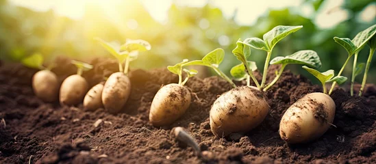 Fotobehang Diverse Group of Potatoes Thriving in Rich Fertile Soil on Sunny Farm © vxnaghiyev