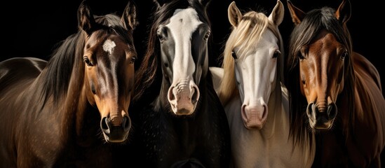Majestic Trio: Three Different Breeds of Horses Standing in a Row in Sunlit Pasture