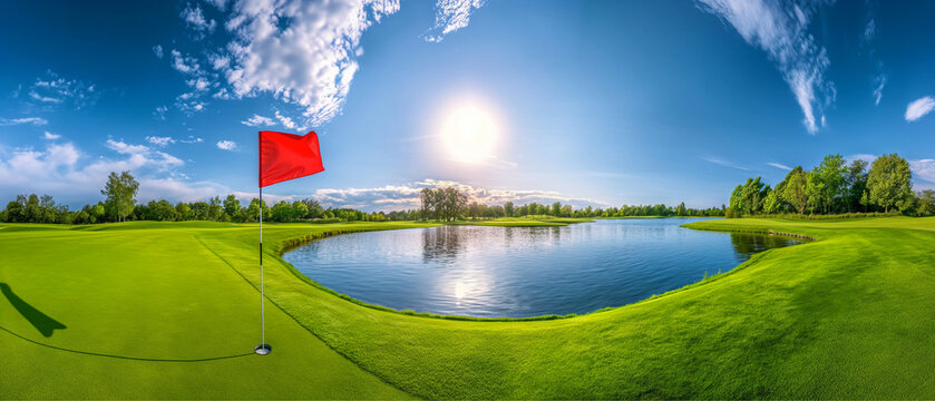Green grass and lake on a golf field. Sport, Recreation, Relax in holiday concept