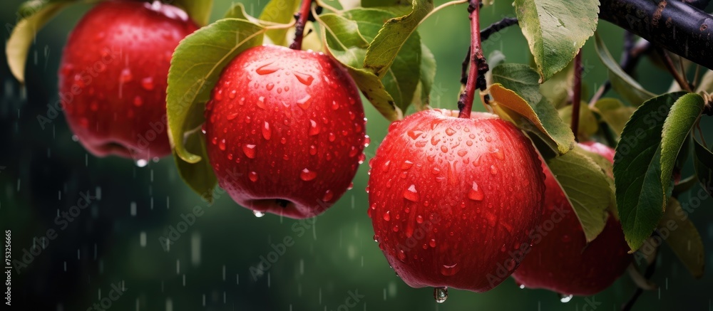 Poster vibrant red apples dangle from lush tree branches in bountiful harvest scene