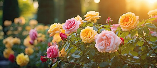 Vibrant and Colorful Bush of Fresh Blooming Roses in a Lush Garden Setting