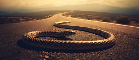 Majestic Snake Rests on the Side of a Desert Road Under the Warm Sunlight - obrazy, fototapety, plakaty