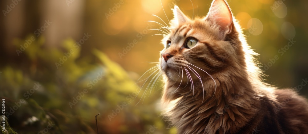 Poster graceful feline posing with elegant long whiskers and tail in soft pastel background